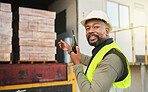 Black man, walkie talkie and logistics shipping, storage or supply chain worker. Portrait, cargo and container industry male employee with radio communication controlling import, export and delivery.