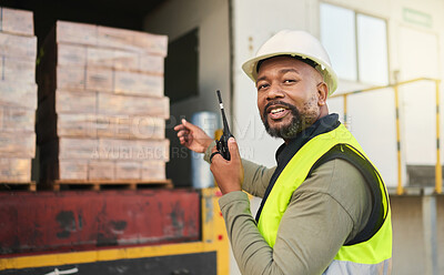 Buy stock photo Black man, walkie talkie and logistics shipping, storage or supply chain worker. Portrait, cargo and container industry male employee with radio communication controlling import, export and delivery.