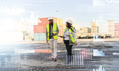 Buy stock photo Business people, logistics and shipping, industry warehouse workers in container yard double exposure or analytics overlay. Industrial employee working in supply chain management for transportation
