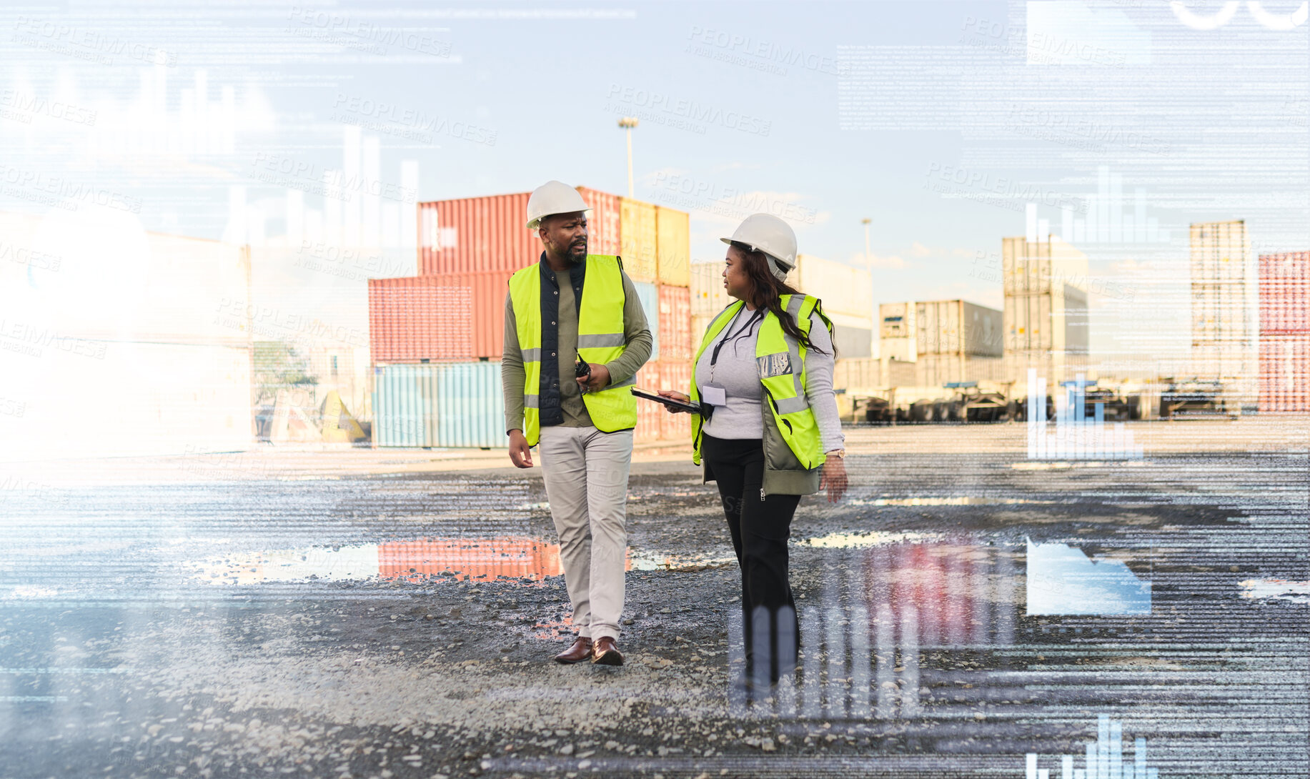 Buy stock photo Business people, logistics and shipping, industry warehouse workers in container yard double exposure or analytics overlay. Industrial employee working in supply chain management for transportation