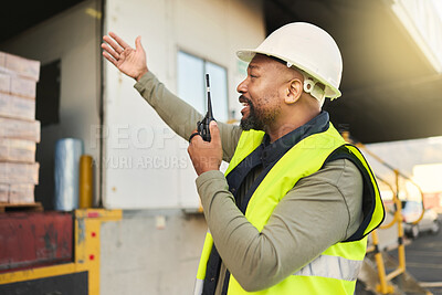 Buy stock photo Logistics truck, cargo delivery and black man talking on walkie talkie about shipping stock working at distribution warehouse. African port manager speaking on technology about freight transportation