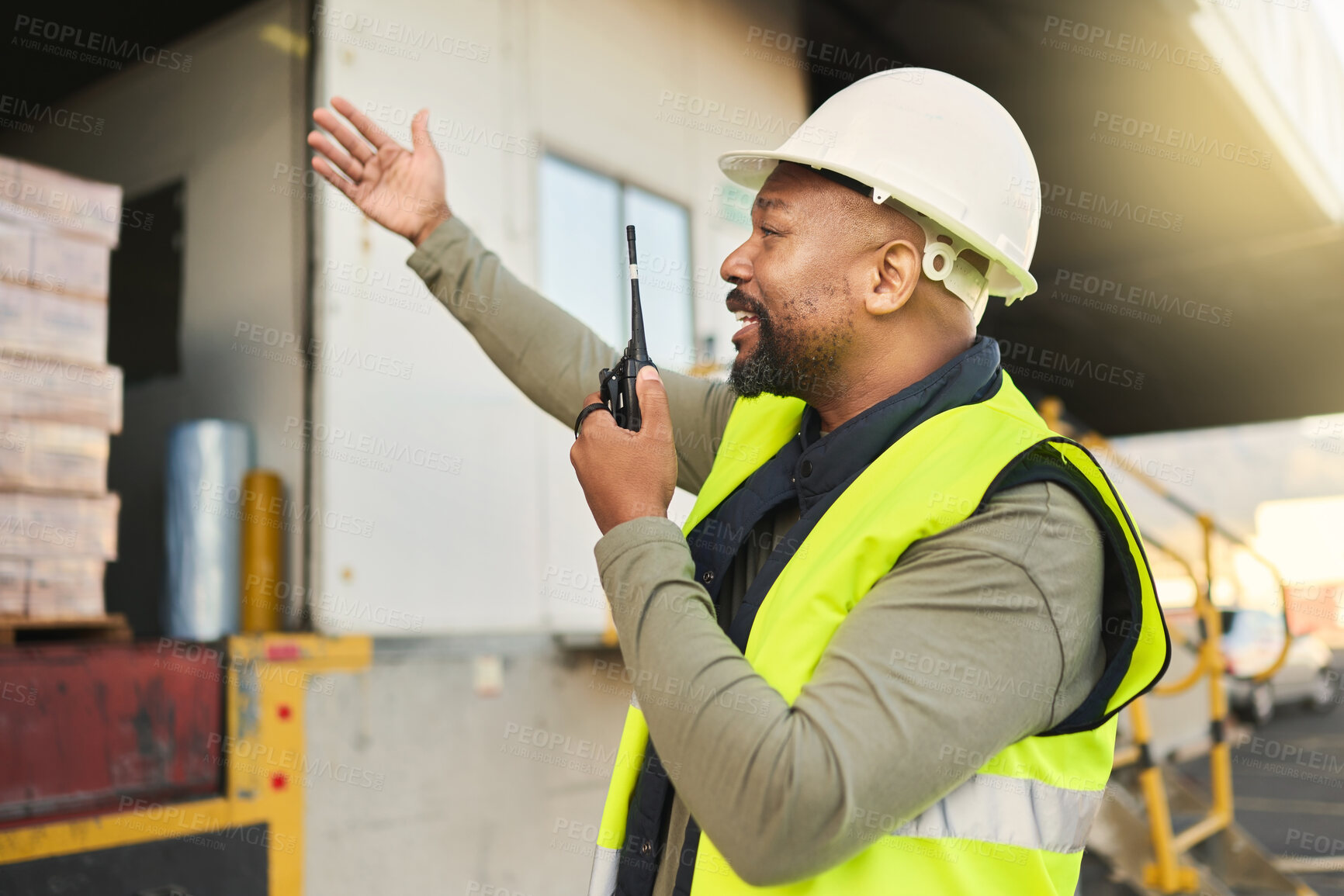 Buy stock photo Logistics truck, cargo delivery and black man talking on walkie talkie about shipping stock working at distribution warehouse. African port manager speaking on technology about freight transportation