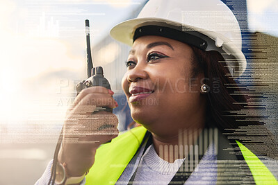 Buy stock photo Logistics, cargo and double exposure of manager with walkie talkie radio for distribution contact communication. Overlay of supply chain black woman with shipping data for container stock delivery
