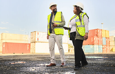 Buy stock photo Logistics, supply chain and engineer team in shipping cargo industry walking, talking and doing inspection on shipyard. Black man and woman in industrial container site for export and import planning