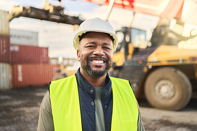 Buy stock photo Portrait, smile and work in logistics with container at export and distribution shipyard. Black man, happy and confident has motivation working in shipping, cargo and supply chain industry at port 