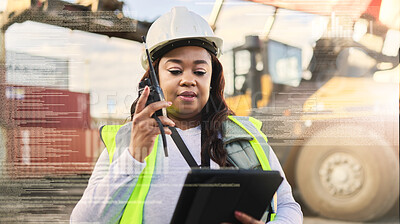 Buy stock photo Black woman, logistics industry and communication on radio, talking about shipping innovation or manufacturing with overlay. Quality tracking manager or online inspection leader planning with tablet