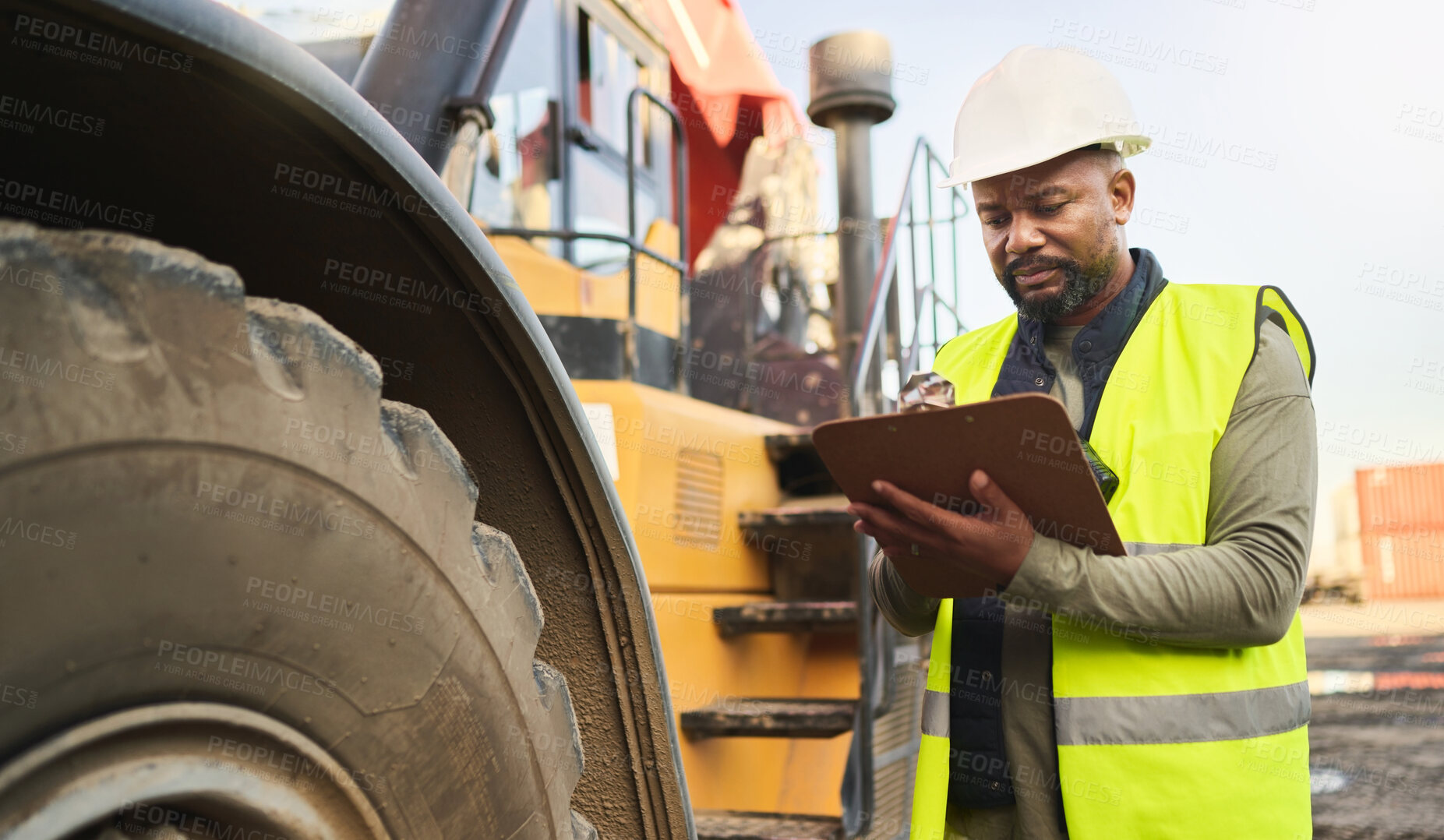 Buy stock photo Logistics man, crane and writing on clipboard for delivery stock check, shipping cargo or supply chain manufacturing product. Thinking industrial manager, worker and employee with ecommerce documents