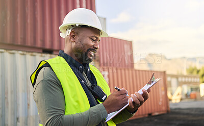 Buy stock photo Logistics, inspection, shipping and black man writing notes working at storage container port. African industrial manager happy with documents for cargo at an outdoor manufacturing warehouse