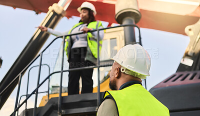 Buy stock photo Logistics, black woman on crane and man in container shipping yard store checking truck. Industrial cargo area, African workers in safety gear working on forklift for global freight delivery company.