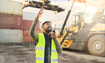 Buy stock photo Communication, logistics and black man talking on radio working on delivery of cargo or stock at shipping port. Working on cargo delivery, transport service and supply chain industry at the container
