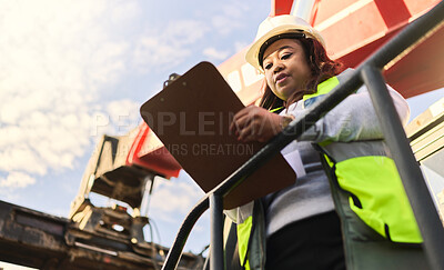 Buy stock photo Documents, shipping and supply chain with a logistics black woman working in export and import industry from below. Distribution, freight and cargo with a female courier reading an order form outside