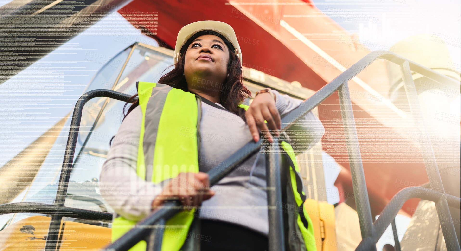 Buy stock photo Engineer, black woman and logistics manager showing leadership wearing safety vest and hardhat on tractor at shipping yard or construction site. Female working as an inspector or foreman in Africa