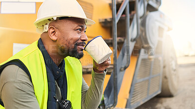 Buy stock photo Coffee, engineer and construction worker relax on break at construction site, smiling and inspired by building idea and vision. Engineering, motivation and black man happy about project development