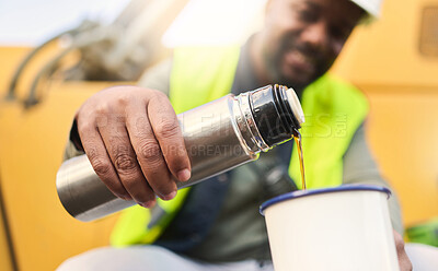 Buy stock photo Black man and construction worker on lunch for coffee or tea in cup on site, doing cargo and shipping. Male contractor, smile and guy use mug for hot beverage in flask and helmet for logistics work.