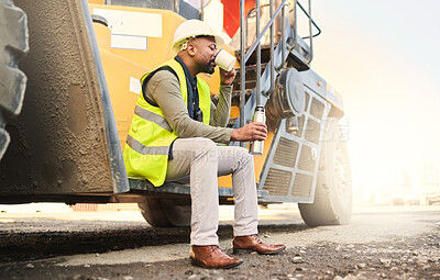 Buy stock photo Coffee, construction and break with a building man holding a flask on a site while working as an engineer with a vehicle.  Drink, maintenance and contractor with an African American male builder