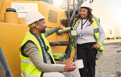 Buy stock photo Logistics, crane or worker break for people, man or black woman and coffee in shipping, supply chain or manufacturing product delivery. Happy smile, industrial teamwork collaboration or relax leaders