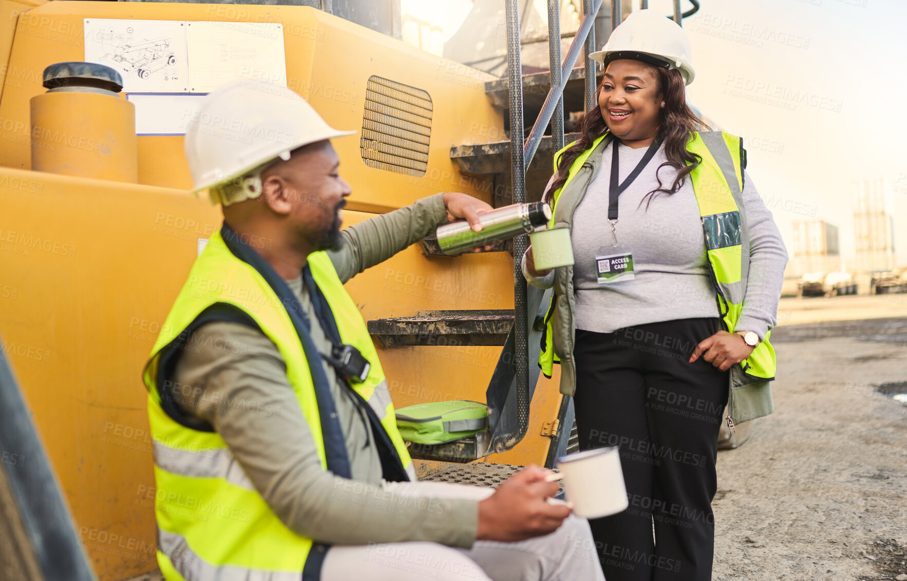 Buy stock photo Logistics, crane or worker break for people, man or black woman and coffee in shipping, supply chain or manufacturing product delivery. Happy smile, industrial teamwork collaboration or relax leaders