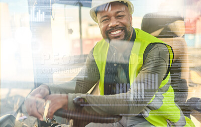 Buy stock photo Logistics, shipping and transport with a man in the supply chain industry for delivery of stock, cargo or freight. Retail, service and export with a male courier driving a van with overlay and flare