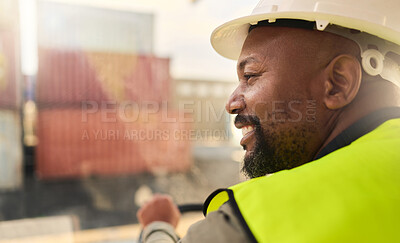 Buy stock photo Black man, smile and work in logistics with container stack at port. Man, happy and helmet show happiness working in shipping, cargo and supply chain industry at harbour for sea trade in Cape Town