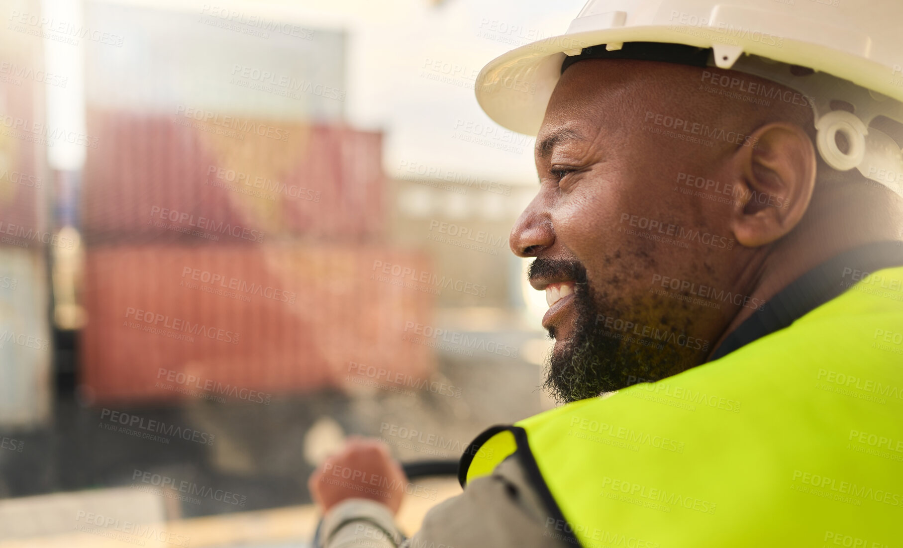 Buy stock photo Black man, smile and work in logistics with container stack at port. Man, happy and helmet show happiness working in shipping, cargo and supply chain industry at harbour for sea trade in Cape Town