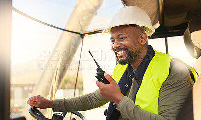 Buy stock photo Forklift driver and black man talking on radio for professional cargo shipping communication. African cargo transportation worker for ecommerce enjoying conversation with portable device. 