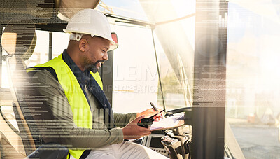 Buy stock photo Supply chain, shipping and logistics with a man courier in a vehicle writing on documents and working in the export industry. Stock, transport and futuristic with a male distribution worker in a van