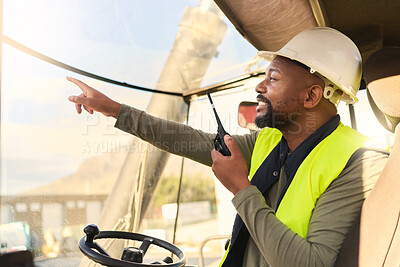 Buy stock photo Logistics, radio communication and delivery truck driver or forklift operator in shipping container yard. Industrial cargo area, black man in safety gear and driving cargo for global export company.