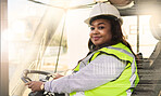 Forklift driver, black woman and logistics worker in industrial shipping yard, manufacturing industry and transport trade. Portrait of cargo female driving a vehicle showing gender equality at work