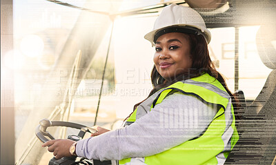 Buy stock photo Forklift driver, black woman and logistics worker in industrial shipping yard, manufacturing industry and transport trade. Portrait of cargo female driving a vehicle showing gender equality at work