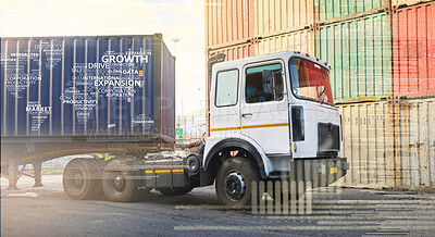 Buy stock photo Logistics, construction truck with hologram and container shipping, moving or distribution for supply chain. Digital innovation, graphic text or transport with heavy duty vehicle for import or export
