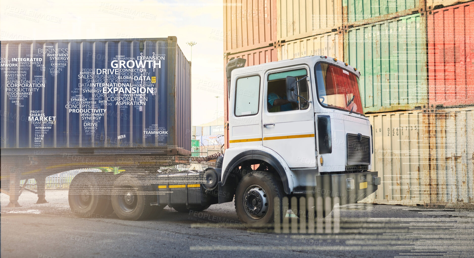 Buy stock photo Logistics, construction truck with hologram and container shipping, moving or distribution for supply chain. Digital innovation, graphic text or transport with heavy duty vehicle for import or export
