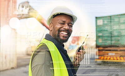 Buy stock photo Man, smile and work in logistics with radio in hand for communication with truck at port in holographic overlay. Black man, happy and future of shipping, cargo and supply chain industry in Cape Town