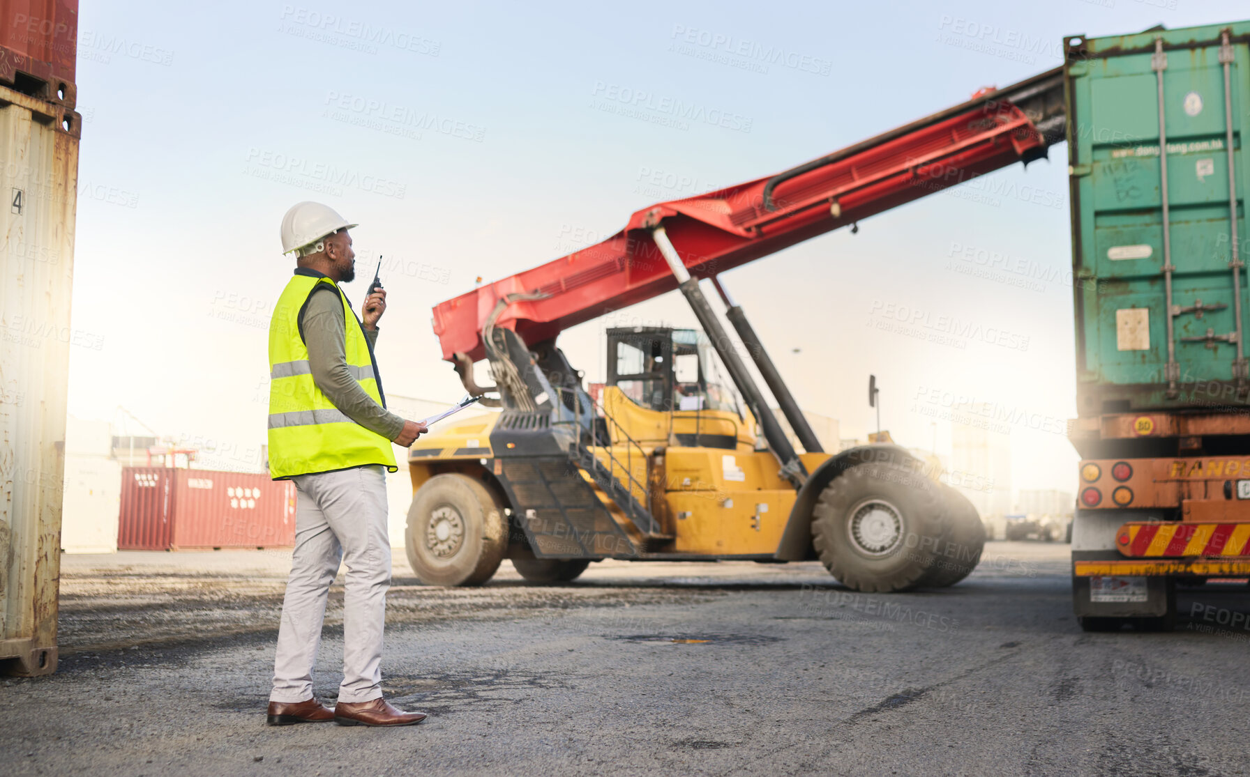 Buy stock photo Truck, radio and forklift in logistics of container at port with man for shipping. Worker, talk and control for safety of stock, staff and vehicle in transportation, cargo and supply chain industry