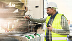 Logistics, walkie talkie and black man by truck, shipping or supply chain worker in text overlay. Portrait, inspection or container industry male employee radio communication graphs double exposure.
