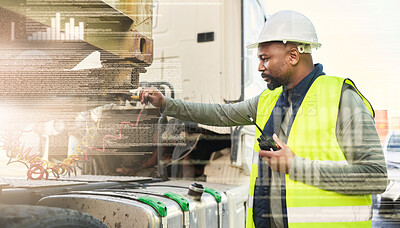 Buy stock photo Logistics, walkie talkie and black man by truck, shipping or supply chain worker in text overlay. Portrait, container industry and inspection, employee radio communication or double exposure graphs.

