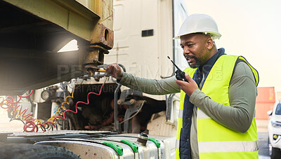 Buy stock photo Man, smile and work in logistics with radio in hand for communication while load container on truck at port. Black man, talking and helmet working in shipping, cargo and transportation in Cape Town