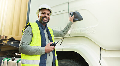 Buy stock photo Truck driver, black man and export logistics manager working in industrial shipping yard, manufacturing industry and transport trade. Portrait, delivery truck cargo and happy distribution courier job