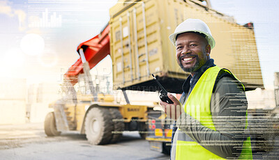 Buy stock photo Supply chain, communication and futuristic with a man shipping or logistics worker on a dock with a crane and container. Radio, overlay and cargo with a male courier at work in export or freight 