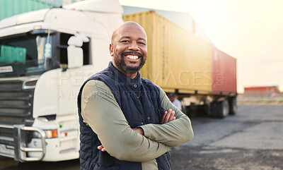 Buy stock photo Delivery, container and happy truck driver moving industry cargo and freight at a shipping supply chain or warehouse. Smile, industrial and black man ready to transport ecommerce trade goods or stock