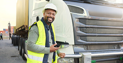 Buy stock photo Construction worker in shipping business by delivery truck in shipyard. Black man truck driver with walkie talkie doing logistics, transport and export of cargo container in distribution industry