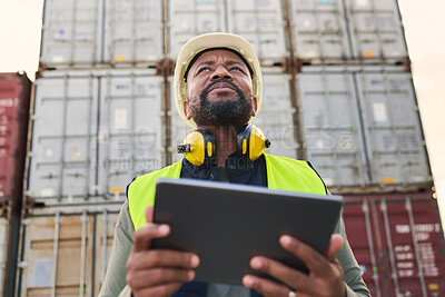 Buy stock photo Logistics, tablet and black man doing container inspection at an industrial cargo, shipping and freight supply chain. Delivery manager or industry worker working at a distribution trade port outdoors