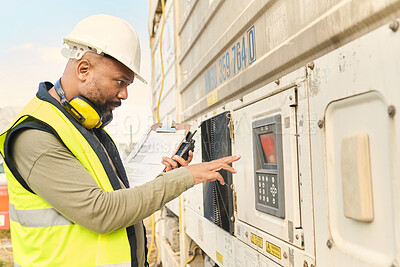 Buy stock photo Logistics engineer, refrigerator and shipping container with keypad for cooling regulations. Industrial manager, leadership and black man with walkie talkie, e commerce delivery or supply chain cargo