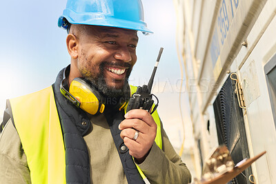 Buy stock photo Logistics, communication and black man talking on walkie talkie working on delivery of cargo at shipping port. African industrial worker speaking on tech about stock at manufacturing warehouse