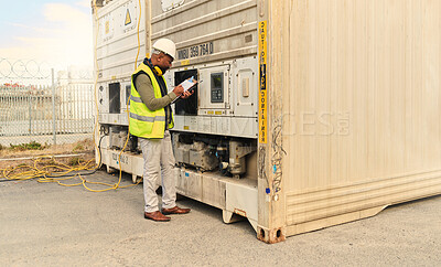 Buy stock photo Mechanic, black man and refrigerator checklist for container cargo maintenance at shipping yard. Professional stock distribution worker busy with technical notes for freight storage plant crate.
