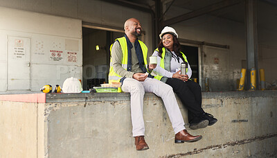 Buy stock photo Business people, logistics, and lunch break at work site relaxing, talking and enjoying free time on the job. Black man and woman employee in shipping yard, warehouse or factory industry at rest