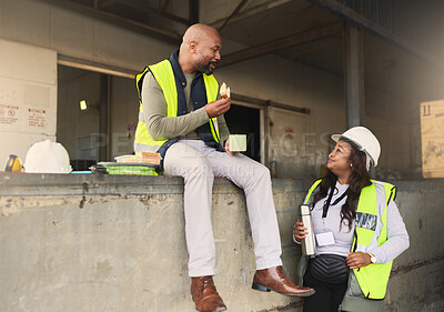 Buy stock photo Cargo warehouse and black people relax on break together for professional coworker friendship. African ecommerce management and delivery industry workers enjoy lunch and friendly conversation.

