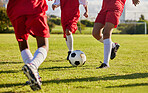 Kids team, soccer or legs with soccer ball in workout, fitness game or exercise on nature park grass, high school stadium or field. Football or sports training with energy in health or girls wellness