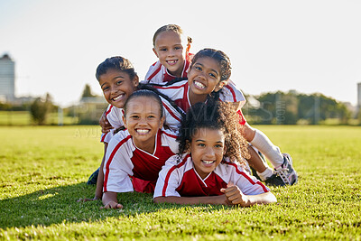Buy stock photo Soccer, training and children on sports field for football game, exercise or cardio together. Portrait of girl kids, athlete group and players with smile and partnership, teamwork and sport at school