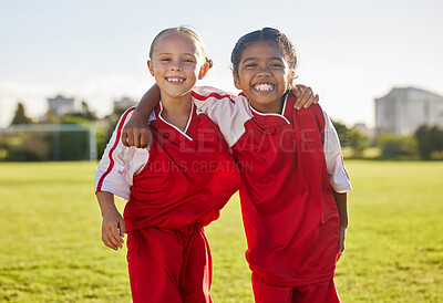 Buy stock photo Portrait, girl friends and smile on football field training for match, game or competition. Soccer, sports and kids on grass pitch learning ball sport for wellness, health and fitness exercise.

