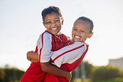 Buy stock photo Girl soccer, football success celebration or team celebrate teamwork success for fitness, training or workout. Winner, happy or excited children for sports win with smile for podium, wellness or goal